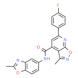 ChemSpider 2D Image | 6-(4-Fluorophenyl)-3-methyl-N-(2-methyl-1,3-benzoxazol-5-yl)[1,2]oxazolo[5,4-b]pyridine-4-carboxamide | C22H15FN4O3