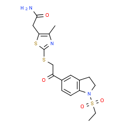 ChemSpider 2D Image | 2-[2-({2-[1-(Ethylsulfonyl)-2,3-dihydro-1H-indol-5-yl]-2-oxoethyl}sulfanyl)-4-methyl-1,3-thiazol-5-yl]acetamide | C18H21N3O4S3