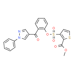 ChemSpider 2D Image | Methyl 3-({2-[(1-phenyl-1H-pyrazol-4-yl)carbonyl]phenoxy}sulfonyl)-2-thiophenecarboxylate | C22H16N2O6S2