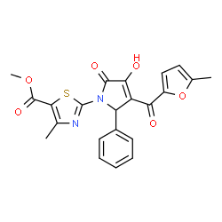 ChemSpider 2D Image | Methyl 2-[3-hydroxy-4-(5-methyl-2-furoyl)-2-oxo-5-phenyl-2,5-dihydro-1H-pyrrol-1-yl]-4-methyl-1,3-thiazole-5-carboxylate | C22H18N2O6S