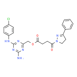 ChemSpider 2D Image | {4-Amino-6-[(4-chlorophenyl)amino]-1,3,5-triazin-2-yl}methyl 4-oxo-4-(3-phenyl-4,5-dihydro-1H-pyrazol-1-yl)butanoate | C23H22ClN7O3