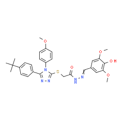 ChemSpider 2D Image | N'-(4-Hydroxy-3,5-dimethoxybenzylidene)-2-({4-(4-methoxyphenyl)-5-[4-(2-methyl-2-propanyl)phenyl]-4H-1,2,4-triazol-3-yl}sulfanyl)acetohydrazide | C30H33N5O5S