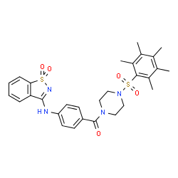 ChemSpider 2D Image | {4-[(1,1-Dioxido-1,2-benzothiazol-3-yl)amino]phenyl}{4-[(pentamethylphenyl)sulfonyl]-1-piperazinyl}methanone | C29H32N4O5S2