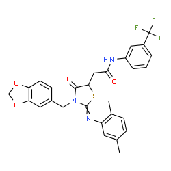 ChemSpider 2D Image | 2-{3-(1,3-Benzodioxol-5-ylmethyl)-2-[(2,5-dimethylphenyl)imino]-4-oxo-1,3-thiazolidin-5-yl}-N-[3-(trifluoromethyl)phenyl]acetamide | C28H24F3N3O4S