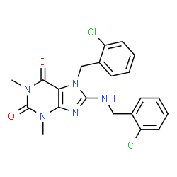 ChemSpider 2D Image | 7-(2-Chlorobenzyl)-8-[(2-chlorobenzyl)amino]-1,3-dimethyl-3,7-dihydro-1H-purine-2,6-dione | C21H19Cl2N5O2