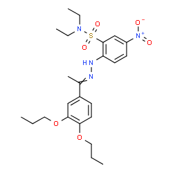 ChemSpider 2D Image | 2-{2-[1-(3,4-Dipropoxyphenyl)ethylidene]hydrazino}-N,N-diethyl-5-nitrobenzenesulfonamide | C24H34N4O6S