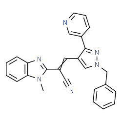 ChemSpider 2D Image | 3-[1-Benzyl-3-(3-pyridinyl)-1H-pyrazol-4-yl]-2-(1-methyl-1H-benzimidazol-2-yl)acrylonitrile | C26H20N6