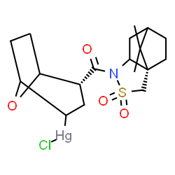 ChemSpider 2D Image | Chloro[(4R)-4-{[(1S)-10,10-dimethyl-3,3-dioxido-3-thia-4-azatricyclo[5.2.1.0~1,5~]dec-4-yl]carbonyl}-8-oxabicyclo[3.2.1]oct-2-yl]mercury | C18H26ClHgNO4S