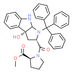 ChemSpider 2D Image | Methyl (2S)-1-{[(2S,3aR)-3a-hydroxy-1-trityl-1,2,3,3a,8,8a-hexahydropyrrolo[2,3-b]indol-2-yl]carbonyl}-2-pyrrolidinecarboxylate | C36H35N3O4