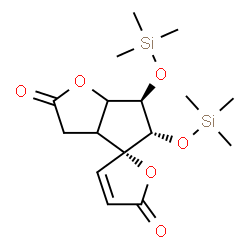 ChemSpider 2D Image | (4R,5S,6R)-5,6-Bis[(trimethylsilyl)oxy]-3a,5,6,6a-tetrahydro-5'H-spiro[cyclopenta[b]furan-4,2'-furan]-2,5'(3H)-dione | C16H26O6Si2