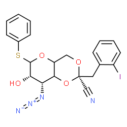 ChemSpider 2D Image | Phenyl 3-azido-4,6-O-[(1S)-1-cyano-2-(2-iodophenyl)ethylidene]-3-deoxy-1-thio-L-erythro-hexopyranoside | C21H19IN4O4S