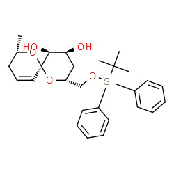 ChemSpider 2D Image | (2R,4S,5S,6R,8S)-8-Methyl-2-({[(2-methyl-2-propanyl)(diphenyl)silyl]oxy}methyl)-1,7-dioxaspiro[5.5]undec-10-ene-4,5-diol | C27H36O5Si