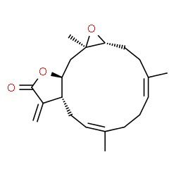 ChemSpider 2D Image | (1aR,4Z,8Z,10aR,13aS,14aR)-4,8,14a-Trimethyl-11-methylene-1a,3,6,7,10,10a,11,13a,14,14a-decahydrooxireno[12,13]cyclotetradeca[1,2-b]furan-12(2H)-one | C20H28O3