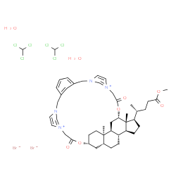 ChemSpider 2D Image | (4R,26S,27R,28R,31S,32R,35R,36S)-28-[(2R)-5-Methoxy-5-oxo-2-pentanyl]-1,27-dimethyl-6,24-dioxo-5,25-dioxa-11,19-diaza-8,22-diazoniaoctacyclo[24.9.2.1~4,35~.1~8,11~.1~13,17~.1~19,22~.0~27,31~.0~32,36~]
hentetraconta-8(41),9,13(40),14,16,20,22(39)-heptaene bromide - chloroform hydrate (1:2:2:2) | C45H64Br2Cl6N4O8