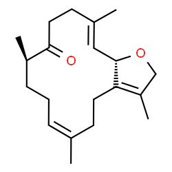 ChemSpider 2D Image | (6Z,10R,14E,15aS)-3,6,10,14-Tetramethyl-2,5,8,9,10,12,13,15a-octahydrocyclotetradeca[b]furan-11(4H)-one | C20H30O2