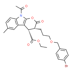 ChemSpider 2D Image | Ethyl (3R,4S)-9-acetyl-3-{3-[(4-bromobenzyl)oxy]propyl}-6-methyl-2-oxo-2,3,4,9-tetrahydropyrano[2,3-b]indole-4-carboxylate | C27H28BrNO6