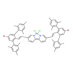 ChemSpider 2D Image | {5-[(E)-2-(5'-Bromo-2,2'',4,4'',6,6''-hexamethyl-1,1':3',1''-terphenyl-2'-yl)vinyl]-2-{5-[(E)-2-(5'-bromo-2,2'',4,4'',6,6''-hexamethyl-1,1':3',1''-terphenyl-2'-yl)vinyl]-2(1H)-pyridinylidene-kappaN}-1
,2-dihydropyridinato(2-)-kappaN}(dichloro)palladium | C62H58Br2Cl2N2Pd