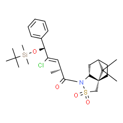 ChemSpider 2D Image | (2R,3Z,5R)-4-Chloro-1-[(1S,7R)-10,10-dimethyl-3,3-dioxido-3-thia-4-azatricyclo[5.2.1.0~1,5~]dec-4-yl]-5-{[dimethyl(2-methyl-2-propanyl)silyl]oxy}-2-methyl-5-phenyl-3-penten-1-one | C28H42ClNO4SSi
