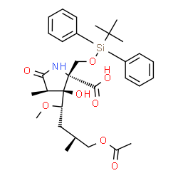 ChemSpider 2D Image | (3S,4R)-3-[(1S,3R)-4-Acetoxy-1-methoxy-3-methylbutyl]-3-hydroxy-4-methyl-2-({[(2-methyl-2-propanyl)(diphenyl)silyl]oxy}methyl)-5-oxo-L-proline | C31H43NO8Si