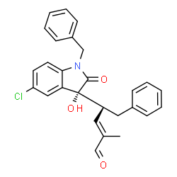ChemSpider 2D Image | (2E,4S)-4-[(3R)-1-Benzyl-5-chloro-3-hydroxy-2-oxo-2,3-dihydro-1H-indol-3-yl]-2-methyl-5-phenyl-2-pentenal | C27H24ClNO3