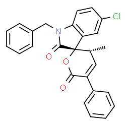 ChemSpider 2D Image | (3S,3'R)-1-Benzyl-5-chloro-3'-methyl-5'-phenylspiro[indole-3,2'-pyran]-2,6'(1H,3'H)-dione | C26H20ClNO3