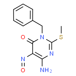 ChemSpider 2D Image | 6-Amino-3-benzyl-2-(methylsulfanyl)-5-nitroso-4(3H)-pyrimidinone | C12H12N4O2S