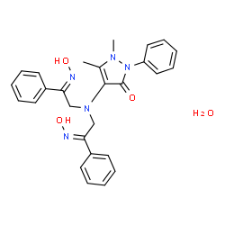 ChemSpider 2D Image | 4-{[(2E)-2-(Hydroxyimino)-2-phenylethyl][(2Z)-2-(hydroxyimino)-2-phenylethyl]amino}-1,5-dimethyl-2-phenyl-1,2-dihydro-3H-pyrazol-3-one hydrate (1:1) | C27H29N5O4