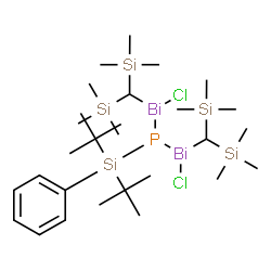 ChemSpider 2D Image | 5-{[Bis(trimethylsilyl)methyl](chloro)bismuthino}-4-chloro-2,2,7,7-tetramethyl-6-(2-methyl-2-propanyl)-6-phenyl-3-(trimethylsilyl)-5-phospha-4-bisma-2,6-disilaoctane | C28H61Bi2Cl2ψ5