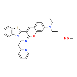 ChemSpider 2D Image | Methanol - (2E)-3-(1,3-benzothiazol-2-yl)-N,N-diethyl-2-{[2-(2-pyridinyl)ethyl]imino}-2H-chromen-7-amine (1:1) | C28H30N4O2S
