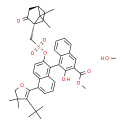 ChemSpider 2D Image | Methyl 5'-[4,4-dimethyl-3-(2-methyl-2-propanyl)-4,5-dihydro-2-furanyl]-2'-[({[(1S,4R)-7,7-dimethyl-2-oxobicyclo[2.2.1]hept-1-yl]methyl}sulfonyl)oxy]-2-hydroxy-1,1'-binaphthalene-3-carboxylate - methan
ol (1:1) | C43H50O9S