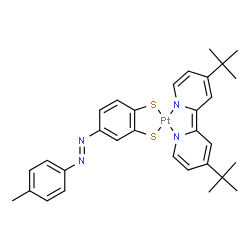 ChemSpider 2D Image | {4-[(E)-(4-Methylphenyl)diazenyl]-1,2-benzenedithiolato(2-)-kappa~2~S~1~,S~2~}[4-(2-methyl-2-propanyl)-2-[4-(2-methyl-2-propanyl)-2(1H)-pyridinylidene-kappaN]-1,2-dihydropyridinato(2-)-kappaN]platinum | C31H34N4PtS2