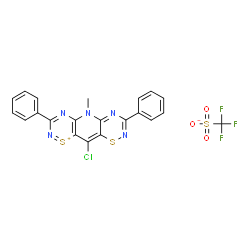 ChemSpider 2D Image | 10-Chloro-5-methyl-3,7-diphenyl-5H-[1,2,4]thiadiazino[6',5':5,6]pyrido[2,3-e][1,2,4]thiadiazin-1-ium trifluoromethanesulfonate | C21H13ClF3N5O3S3
