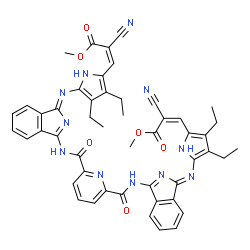 ChemSpider 2D Image | Dimethyl (2Z,2'Z)-3,3'-{2,6-pyridinediylbis[carbonylimino-1H-isoindol-3-yl-1-ylidene(Z)azanylylidene(3,4-diethyl-1H-pyrrole-5,2-diyl)]}bis(2-cyanoacrylate) | C49H43N11O6