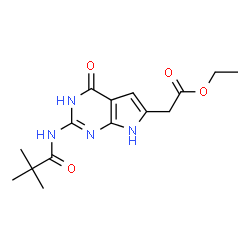 ChemSpider 2D Image | Ethyl {2-[(2,2-dimethylpropanoyl)amino]-4-oxo-4,7-dihydro-1H-pyrrolo[2,3-d]pyrimidin-6-yl}acetate | C15H20N4O4