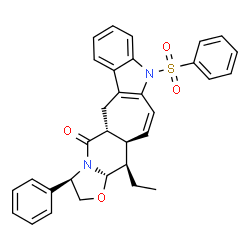 ChemSpider 2D Image | (7aS,8R,8aS,11R,13aR)-8-Ethyl-11-phenyl-5-(phenylsulfonyl)-5,7a,8,8a,10,11,13a,14-octahydro-13H-[1,3]oxazolo[3'',2'':1',6']pyrido[3',4':4,5]cyclohepta[1,2-b]indol-13-one | C32H30N2O4S