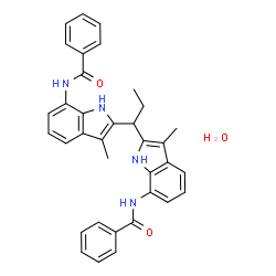 ChemSpider 2D Image | N,N'-[1,1-Propanediylbis(3-methyl-1H-indole-2,7-diyl)]dibenzamide hydrate (1:1) | C35H34N4O3
