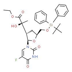 ChemSpider 2D Image | 2',3'-Dideoxy-2'-[(2S)-1-ethoxy-2-hydroxy-1-oxo-2-propanyl]-5-fluoro-5'-O-[(2-methyl-2-propanyl)(diphenyl)silyl]uridine | C30H37FN2O7Si