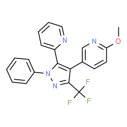 ChemSpider 2D Image | 2-Methoxy-5-[1-phenyl-5-(2-pyridinyl)-3-(trifluoromethyl)-1H-pyrazol-4-yl]pyridine | C21H15F3N4O