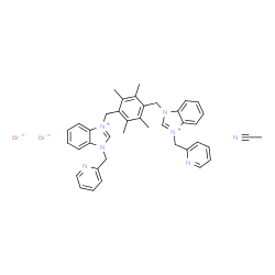 ChemSpider 2D Image | 3-(2-Pyridinylmethyl)-1-(2,3,5,6-tetramethyl-4-{[1-(2-pyridinylmethyl)-1H-3,1-benzimidazol-3-ium-3-yl]methyl}benzyl)-1H-3,1-benzimidazol-3-ium bromide - acetonitrile (1:2:1) | C40H41Br2N7