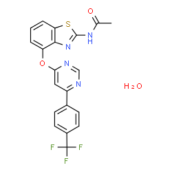 ChemSpider 2D Image | N-[4-({6-[4-(Trifluoromethyl)phenyl]-4-pyrimidinyl}oxy)-1,3-benzothiazol-2-yl]acetamide hydrate (1:1) | C20H15F3N4O3S