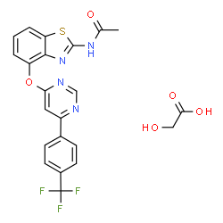 ChemSpider 2D Image | Hydroxyacetic acid - N-[4-({6-[4-(trifluoromethyl)phenyl]-4-pyrimidinyl}oxy)-1,3-benzothiazol-2-yl]acetamide (1:1) | C22H17F3N4O5S