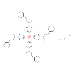 ChemSpider 2D Image | 1,1',1'',1'''-[25,26,27,28-Tetrahydroxypentacyclo[19.3.1.1~3,7~.1~9,13~.1~15,19~]octacosa-1(25),3(28),4,6,9(27),10,12,15(26),16,18,21,23-dodecaene-5,11,17,23-tetrayl]tetrakis(3-cyclohexyl-1-propanone)
 - 1-butanol (1:1) | C68H90O9