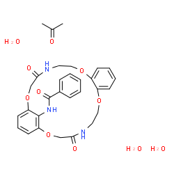 ChemSpider 2D Image | N-[4,19-Dioxo-2,8,15,21-tetraoxa-5,18-diazatricyclo[20.3.1.0~9,14~]hexacosa-1(26),9,11,13,22,24-hexaen-26-yl]benzamide - acetone hydrate (1:1:3) | C30H39N3O11