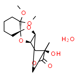 ChemSpider 2D Image | (1S,1'S,2'S,6'R,8'S)-8'-Hydroxy-2,2-dimethoxy-3',5',10'-trioxaspiro[cyclohexane-1,4'-tricyclo[6.2.1.0~2,6~]undecan]-9'-one hydrate (1:1) | C15H24O8