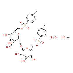 ChemSpider 2D Image | Methanol - 6-O-[(4-methylphenyl)sulfonyl]-alpha-D-glucopyranosyl 6-O-[(4-methylphenyl)sulfonyl]-alpha-D-glucopyranoside hydrate (1:1:1) | C27H40O17S2
