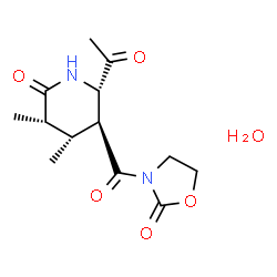 ChemSpider 2D Image | (3S,4R,5S,6S)-6-Acetyl-3,4-dimethyl-5-[(2-oxo-1,3-oxazolidin-3-yl)carbonyl]-2-piperidinone hydrate (1:1) | C13H20N2O6