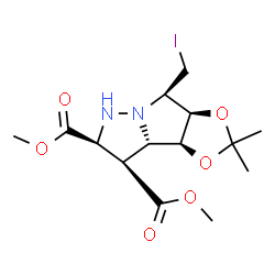 ChemSpider 2D Image | Dimethyl (3aR,4R,7S,8S,8aS,8bS)-4-(iodomethyl)-2,2-dimethylhexahydro-4H-[1,3]dioxolo[3,4]pyrrolo[1,2-b]pyrazole-7,8-dicarboxylate | C14H21IN2O6