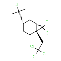 ChemSpider 2D Image | (1S,4S,6S)-7,7-Dichloro-4-(2-chloro-2-propanyl)-1-(2,2,2-trichloroethyl)bicyclo[4.1.0]heptane | C12H16Cl6