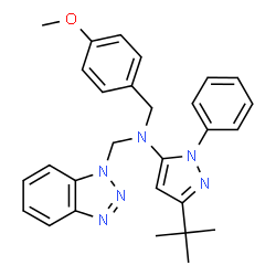 ChemSpider 2D Image | N-(1H-Benzotriazol-1-ylmethyl)-N-(4-methoxybenzyl)-3-(2-methyl-2-propanyl)-1-phenyl-1H-pyrazol-5-amine | C28H30N6O