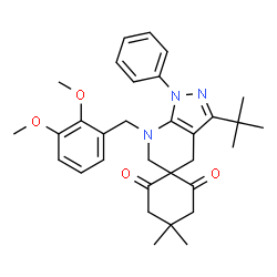 ChemSpider 2D Image | 7'-(2,3-Dimethoxybenzyl)-4,4-dimethyl-3'-(2-methyl-2-propanyl)-1'-phenyl-1',4',6',7'-tetrahydro-2H,6H-spiro[cyclohexane-1,5'-pyrazolo[3,4-b]pyridine]-2,6-dione | C32H39N3O4